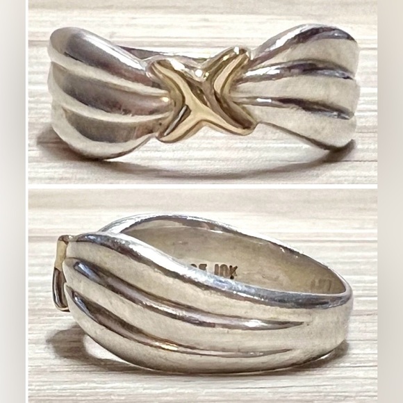 Vintage Designer Hallmarked Sterling Silver &18K Gold Fluted "X" Ring, 5.5g - Picture 1 of 10